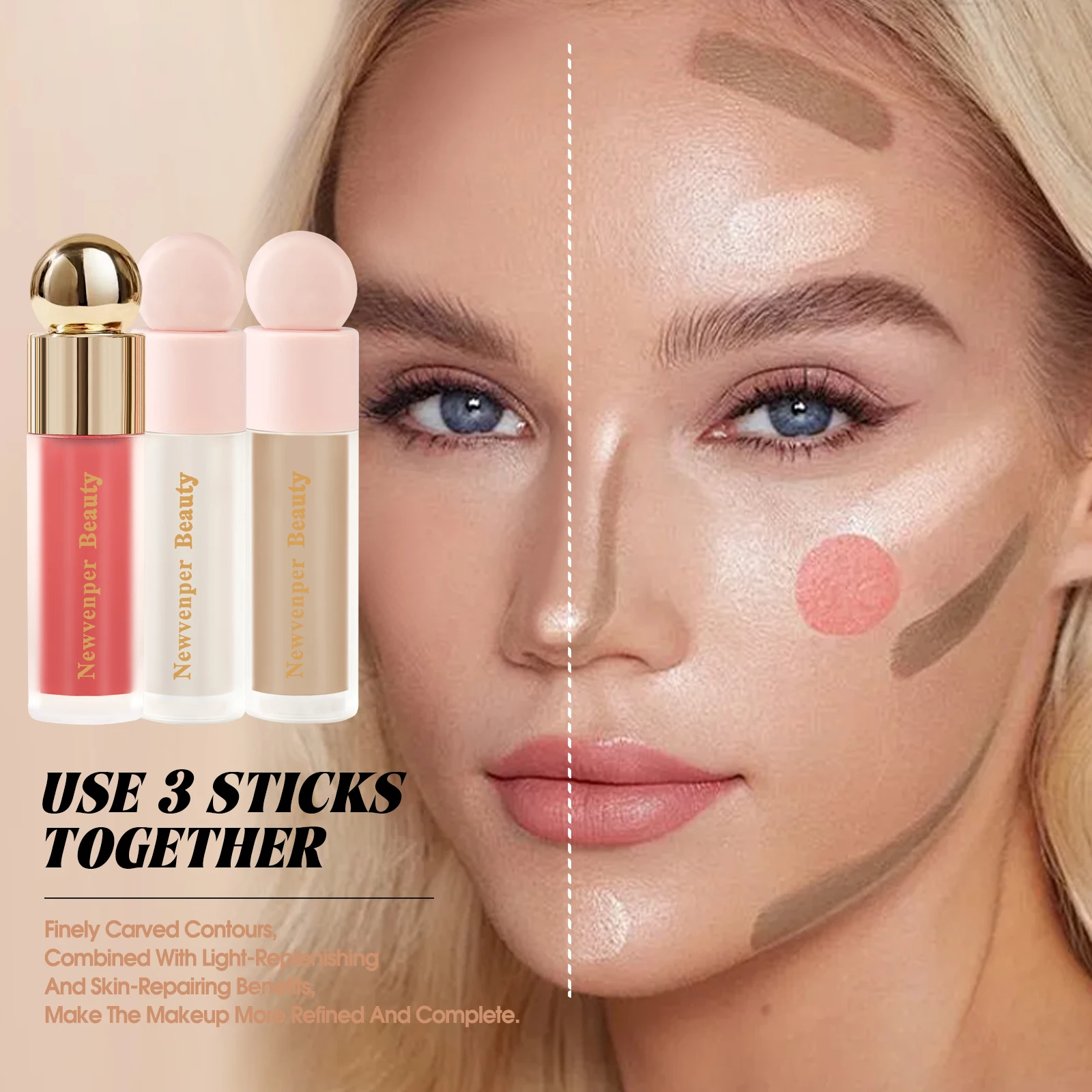 Liquid Highlighter+Blush+Contour Stick Set for Face & Body Silky Natural Glow Liquid Luminizer Matte Pink Shadow Face Makeup