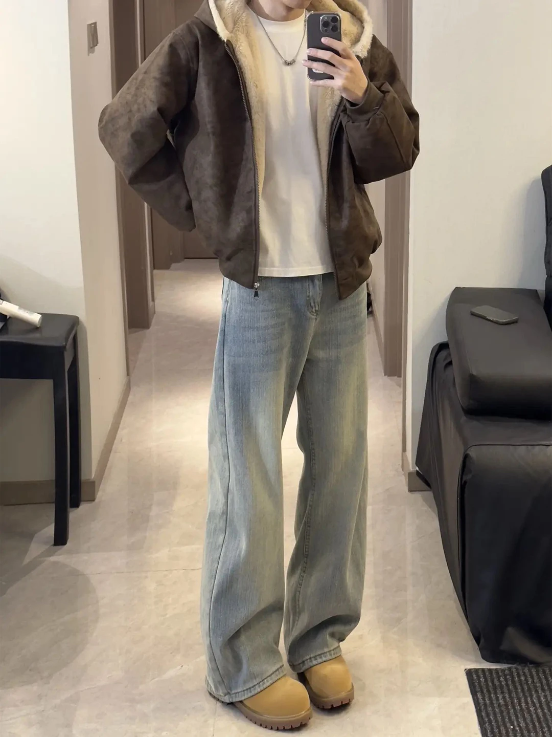 

Retro American Blue Straight Leg Jeans Men's Autumn Winter Fleece Lined Loose Wide Leg Pants Cleanfit Rise Bell Bottoms