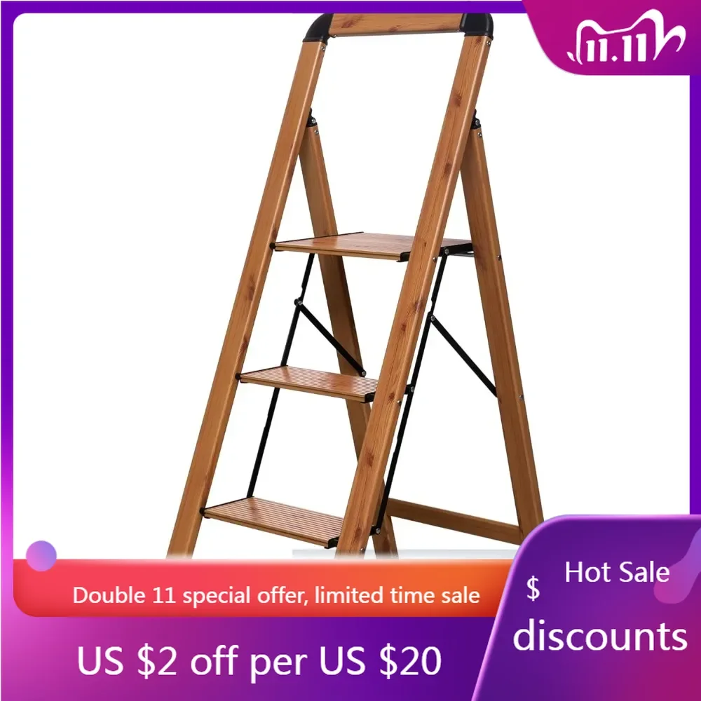 Step Ladder Woodgrain Finish Aluminum Folding Step Stool 3 Step Stairs Wide Pedal,Anti-Slip Portable Sturdy for Home & Kitchen