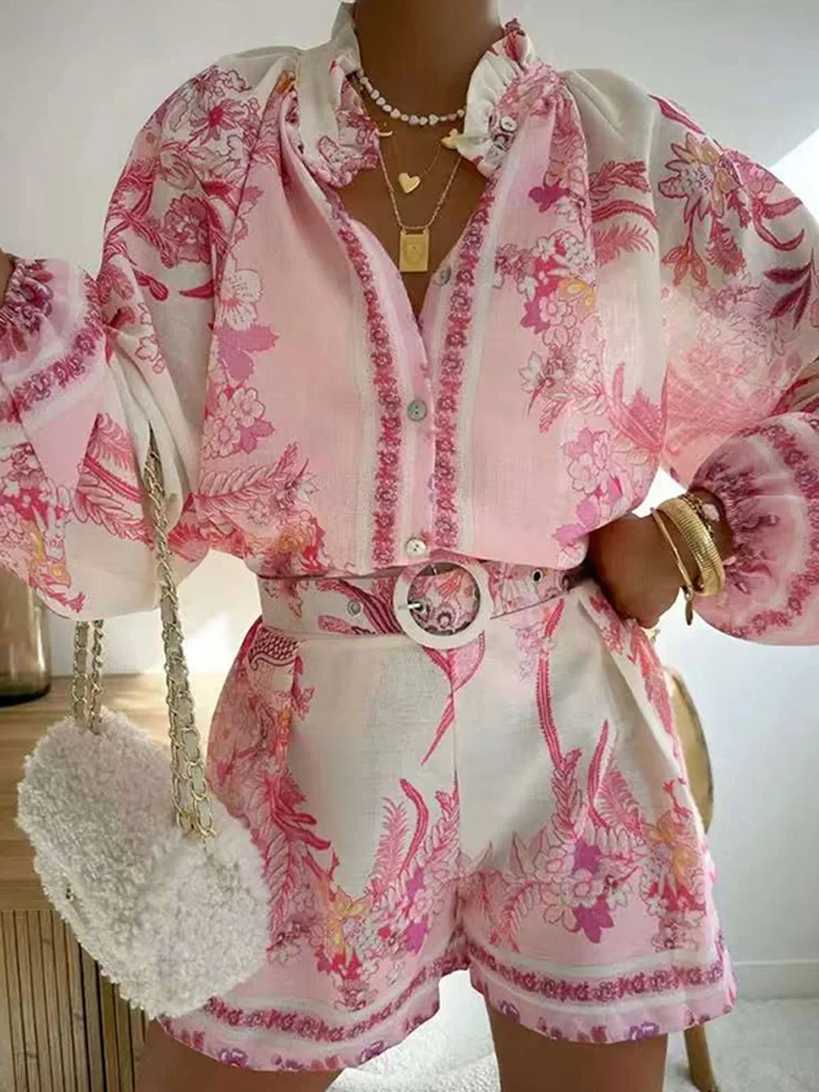 

Повседневные топы с принтом, шорты, комплекты женских свободных воротников-стойких рукавов, топ с высокой талией, короткие брюки, 2024, летний женский отпускной костюм