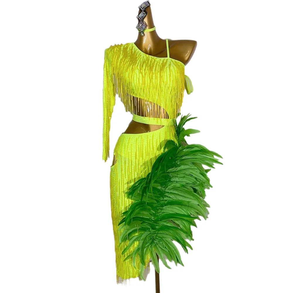 Latin Dancer Adult Children High-End Customized Large Feather Bead Tube Tassel Tango Samba AB Stone Performance Dress