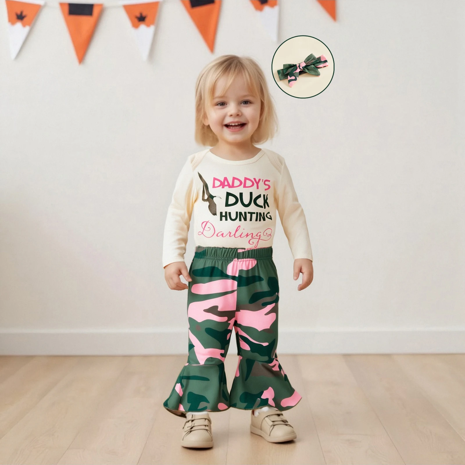 

Baby Autumn Clothing Girl Fall Outfit Duck Letter Long Sleeve Romper Camo Flare Pants and Bow Headband Clothes Set