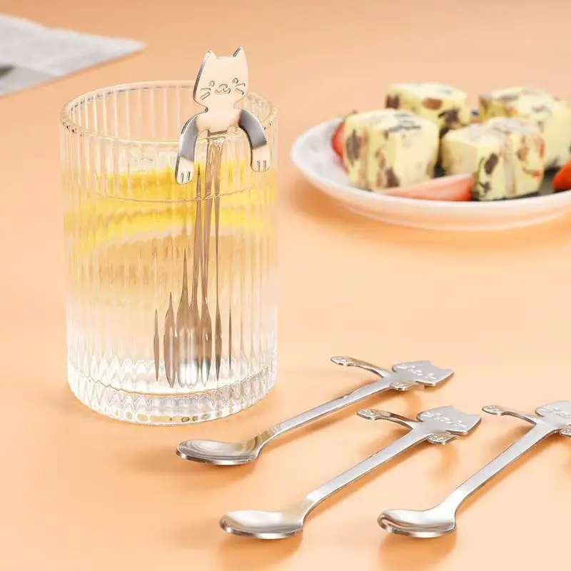 

4PCS Creative Cat Shaped Coffee Spoon 304 Stainless Steel Spoon Stirring Sugar Dessert Cup-hanging Design Teaspoon Christmas