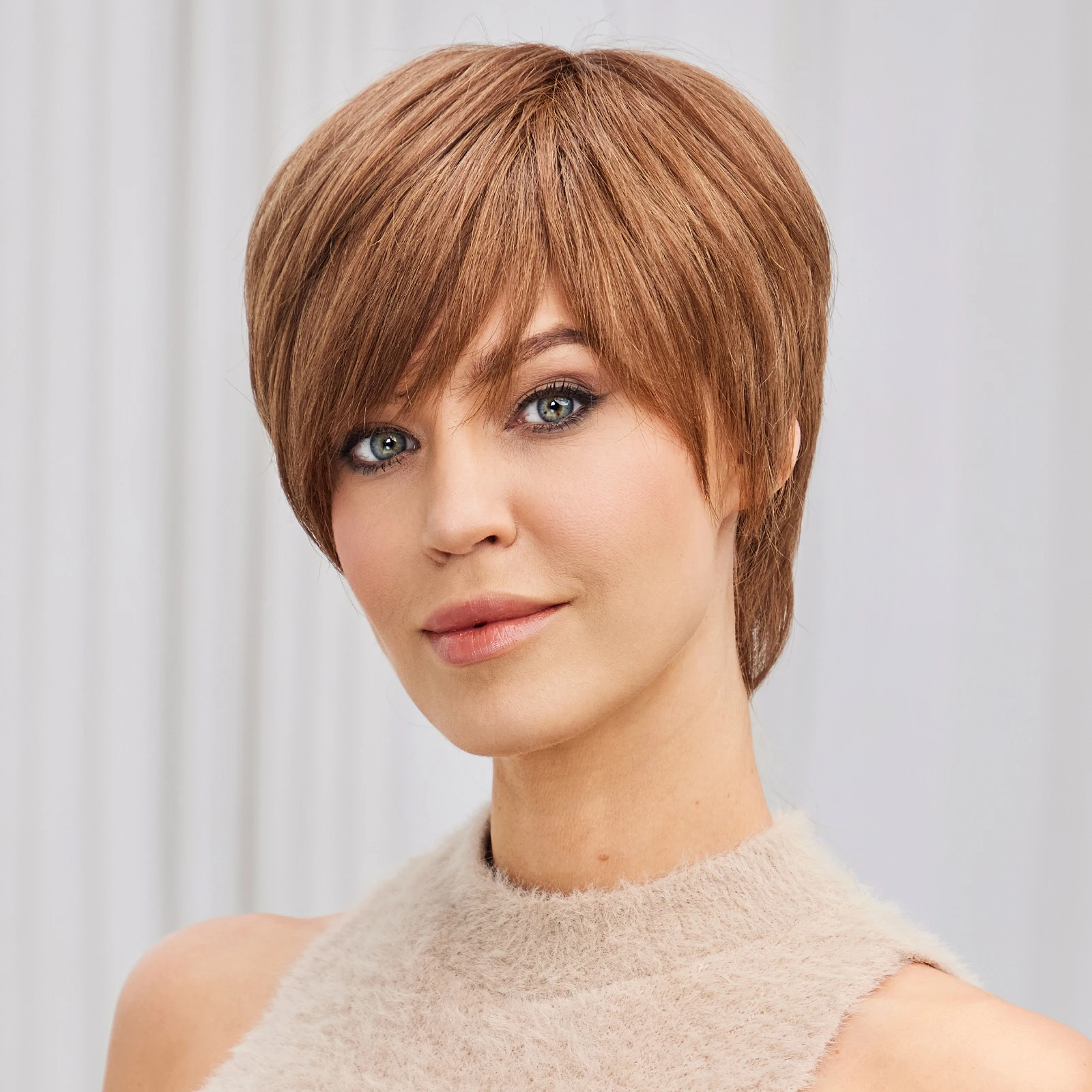 Golden Brown Short Bob Human Hair Wigs Pixie Cut Straight Layered Wigs with Bangs for Women Natural Human Hair Machine Made Wig