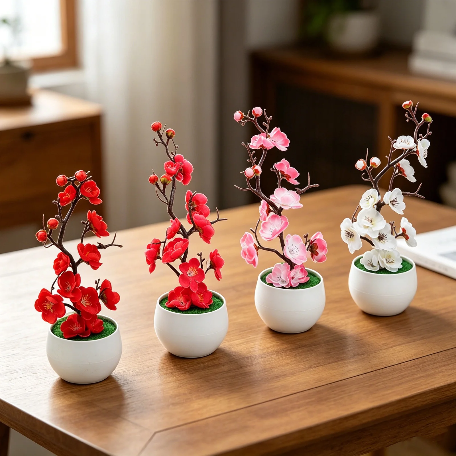 Plastic Simulation Plum Blossom Bonsai for Living Room Dining Area Decor with Flower Tray Planting Arrangement