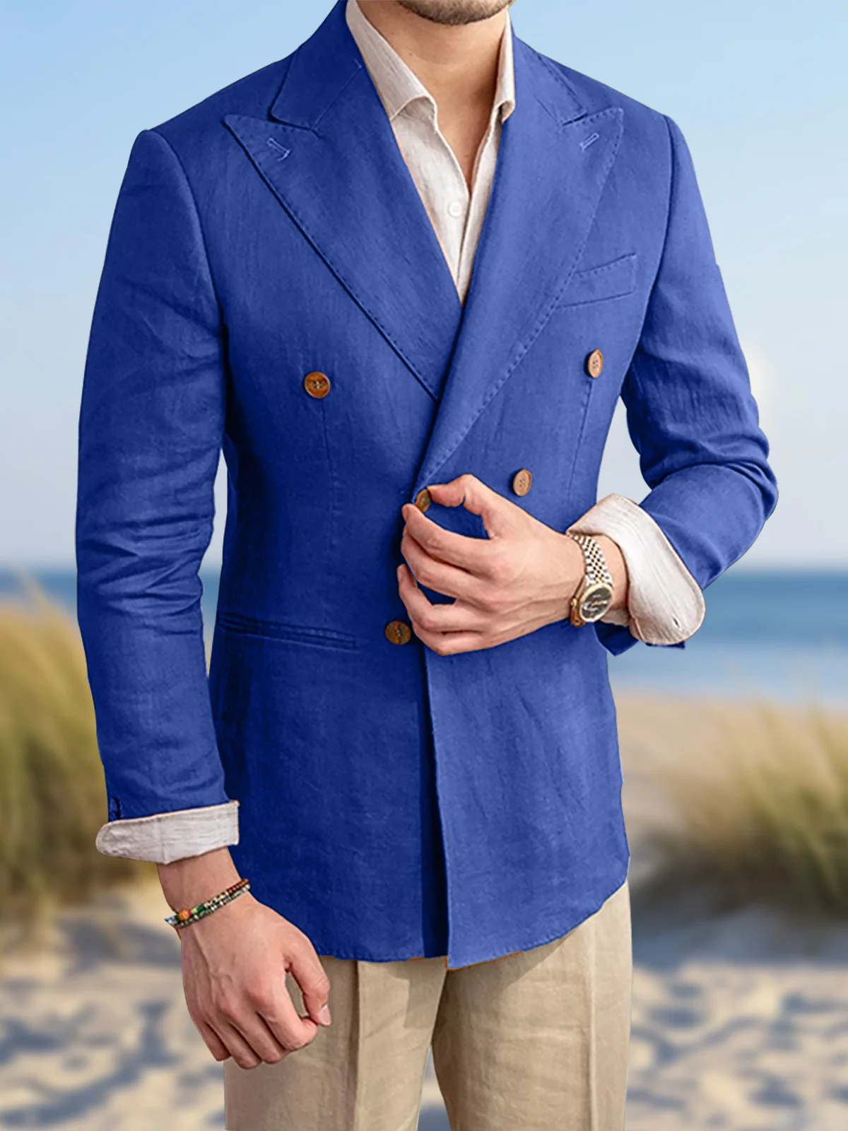 Summer Casual Linen Men Suit Peaked Lapel Double Breasted Slim Fit Tuxedo Suits for Men Blazers with Pants Homme Ensembles