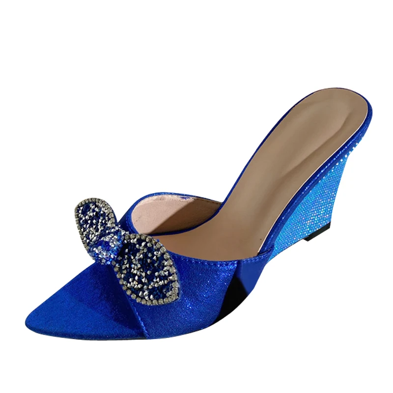 Liyke Fashion Glitter Rhinestones Bowknot Women Wedges Slippers Summer Party Slides Shoes Sandal Female Blue High Heels Mules