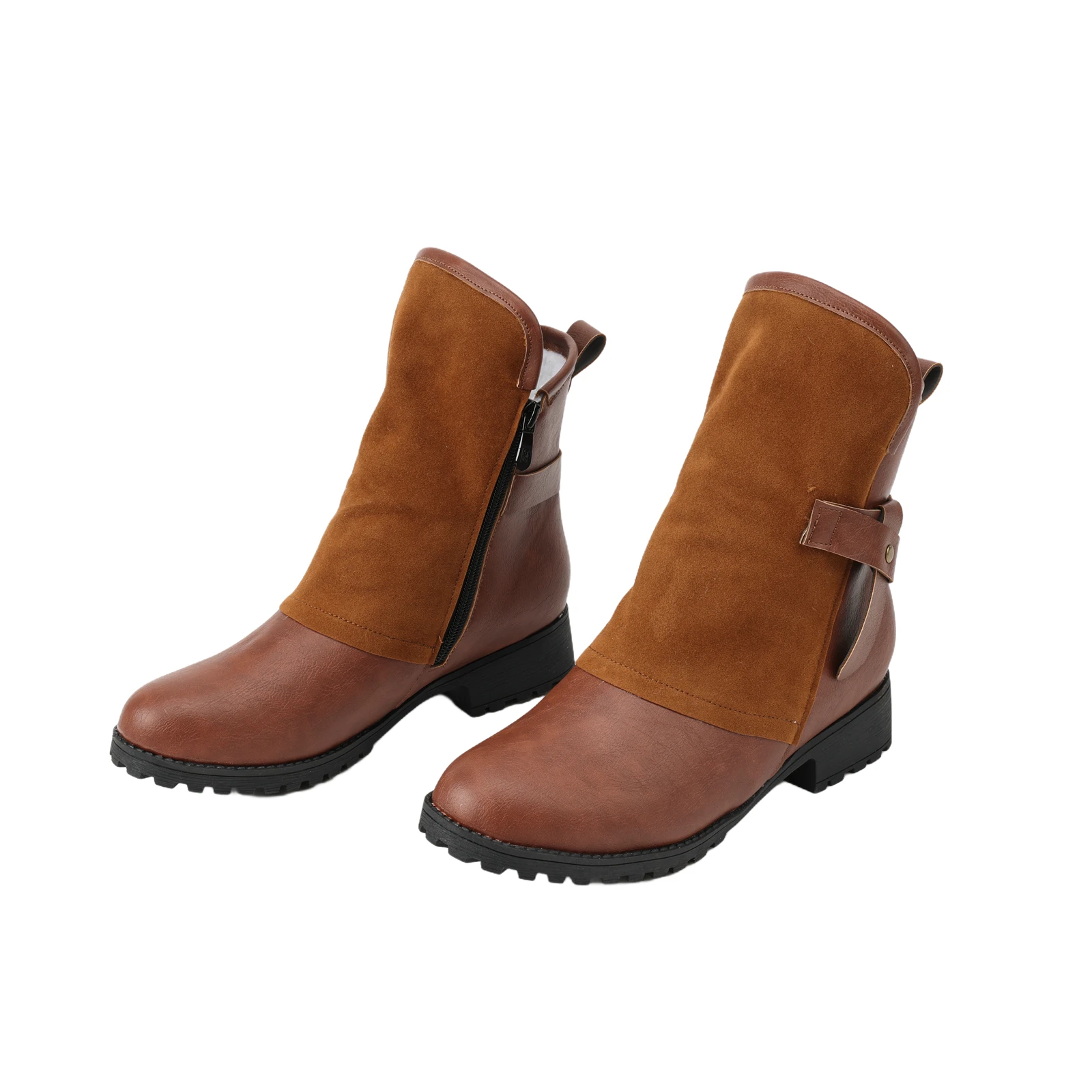 النساء الرجعية دراجة نارية أحذية بوت قصيرة مع مبطنة بالصوف الدافئة الكلاسيكية حذاء من الجلد المضادة للانزلاق ومقاومة للاهتراء سميكة وحيد