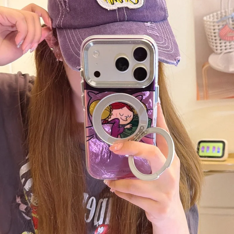 Kawaii Cartoon Sleeping Princess Phone Case For iPhone 17 Pro 16 15 Pro Max Cover with Rotation Stand Cute Cases For Apple 16 Pr