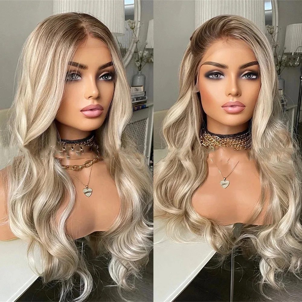 Invisible Transparent Highlight Ombre Platinum Blonde Wig with Dark Roots Party Synthetic And Blend Lace Wigs For Women Party