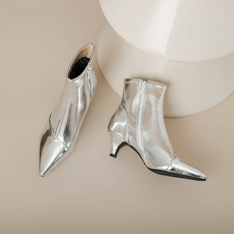 Silver Gold Shiny Ankle Boots Women High Kitten Heel Party Dress Office Lady Winter Fashion Pointed Toe Zipper Plush Short Boots