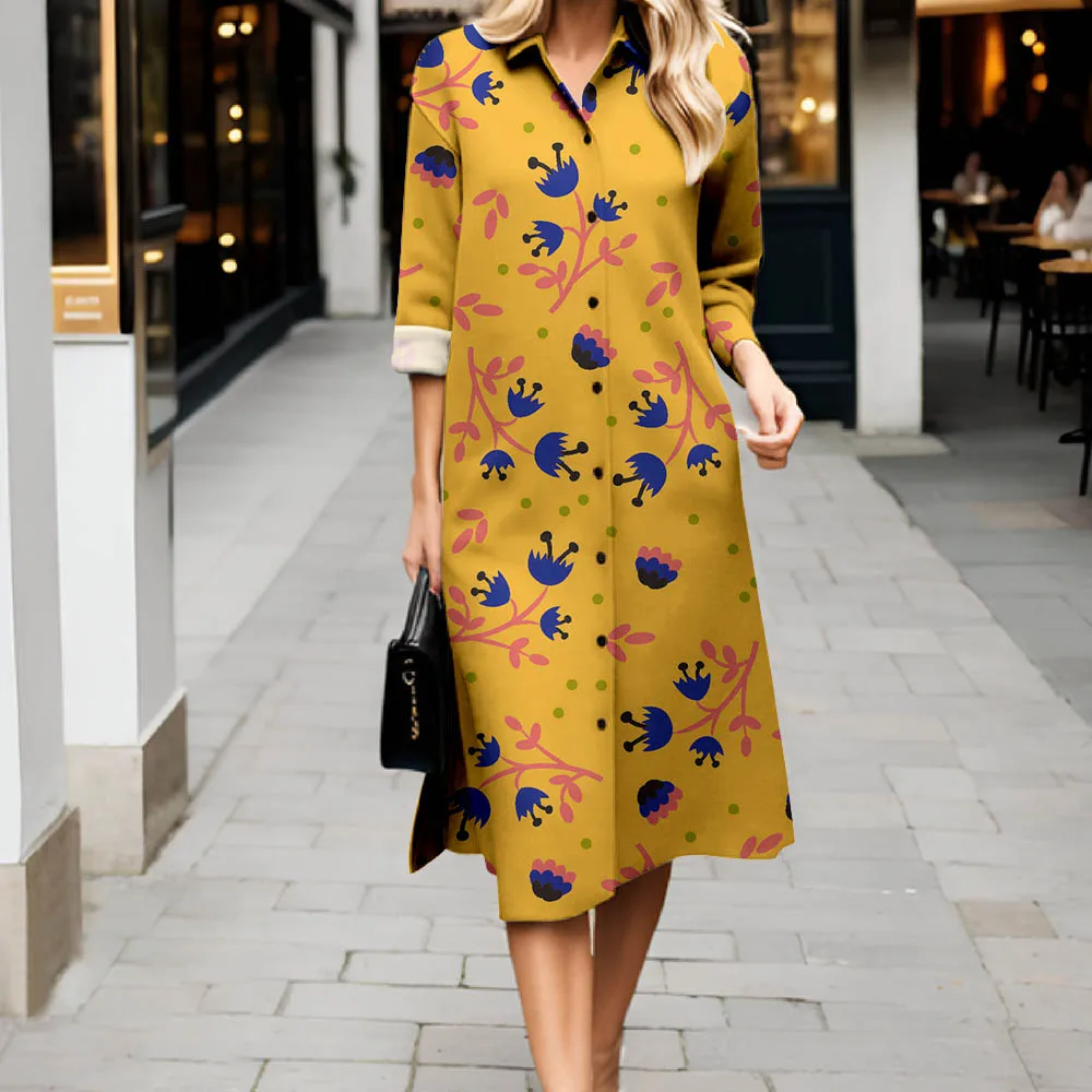 Neue Frühjahr Und Herbst frauen Stehkragen Kleid Braun Blumen Druck Taste Hemd Kleid Mode Elegante Langarm Kleider