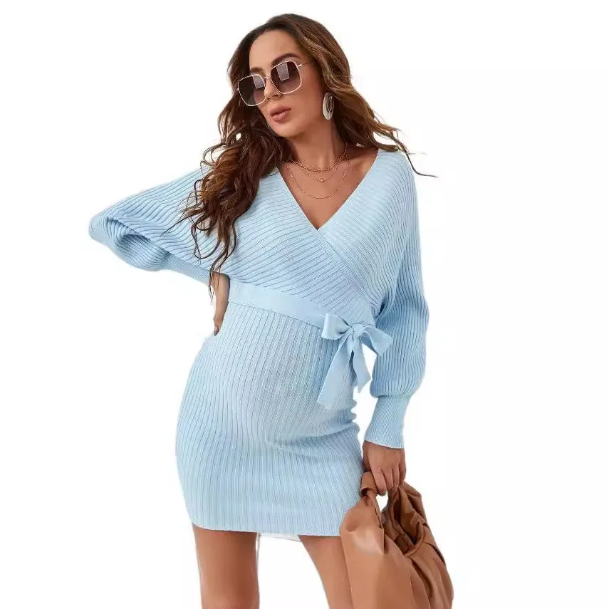 

American Fashion Knitted Dress for Maternity Autumn Winter Sexy Hot V Neck Ties Slim Waist Min Sweaters Dress for Pregnant Women