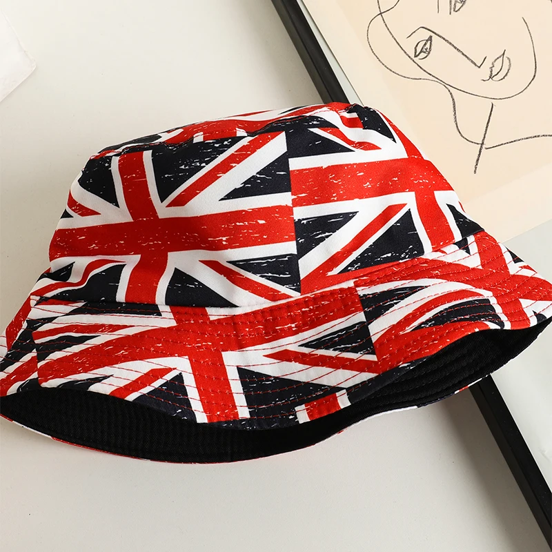 Summer Flag Union Jack Double-sided Bucket Hat Women Men Panama Caps Outdoor Foldable Wide Brim Sun Hat Unisex Hip Hop Cap