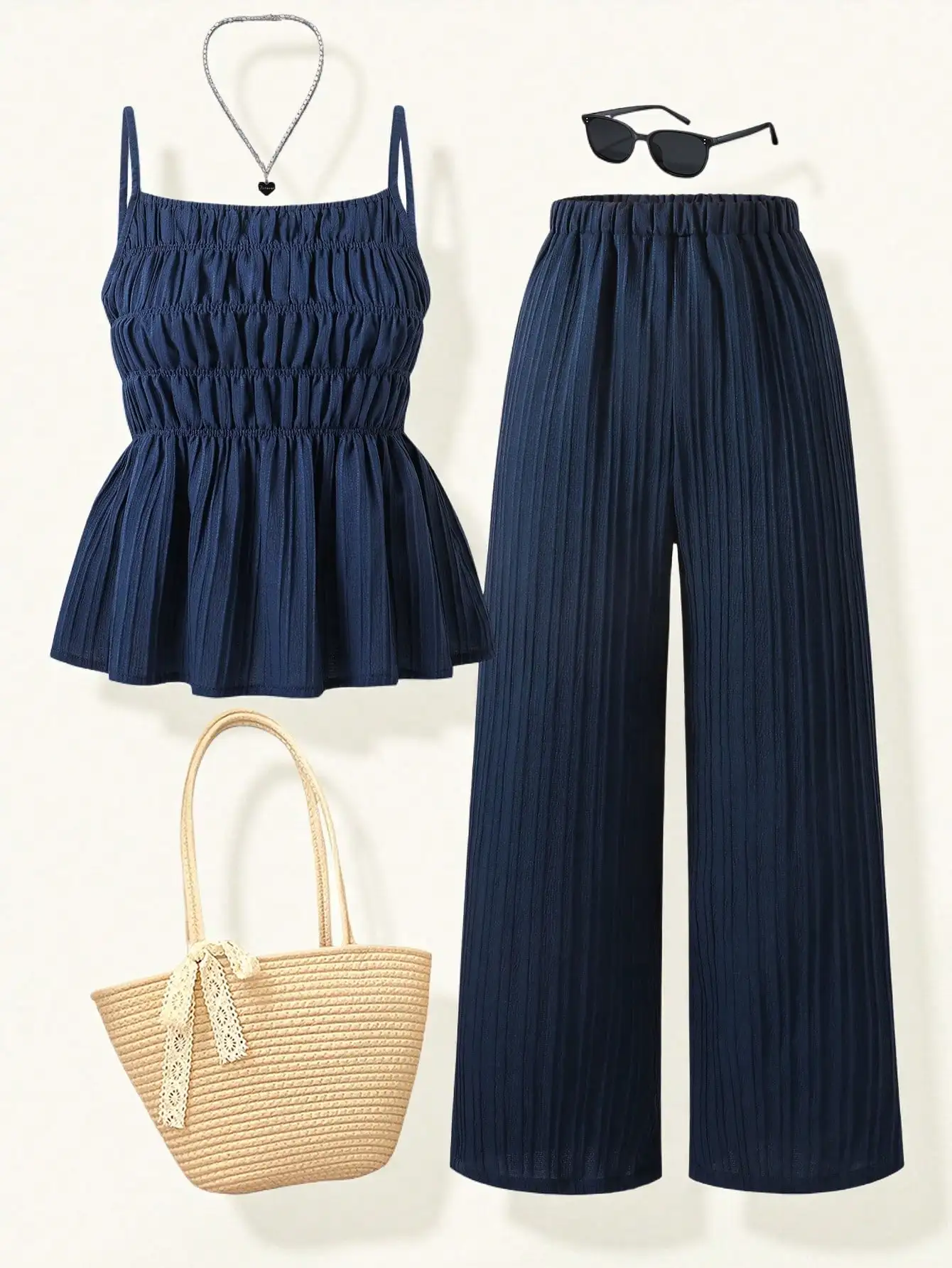 

Sparklyn Sweet Vacation Style Spaghetti Strap Top And Wide Leg Pants 2-Piece Set, Casual Outfit For Teen Girl Spring/Summer