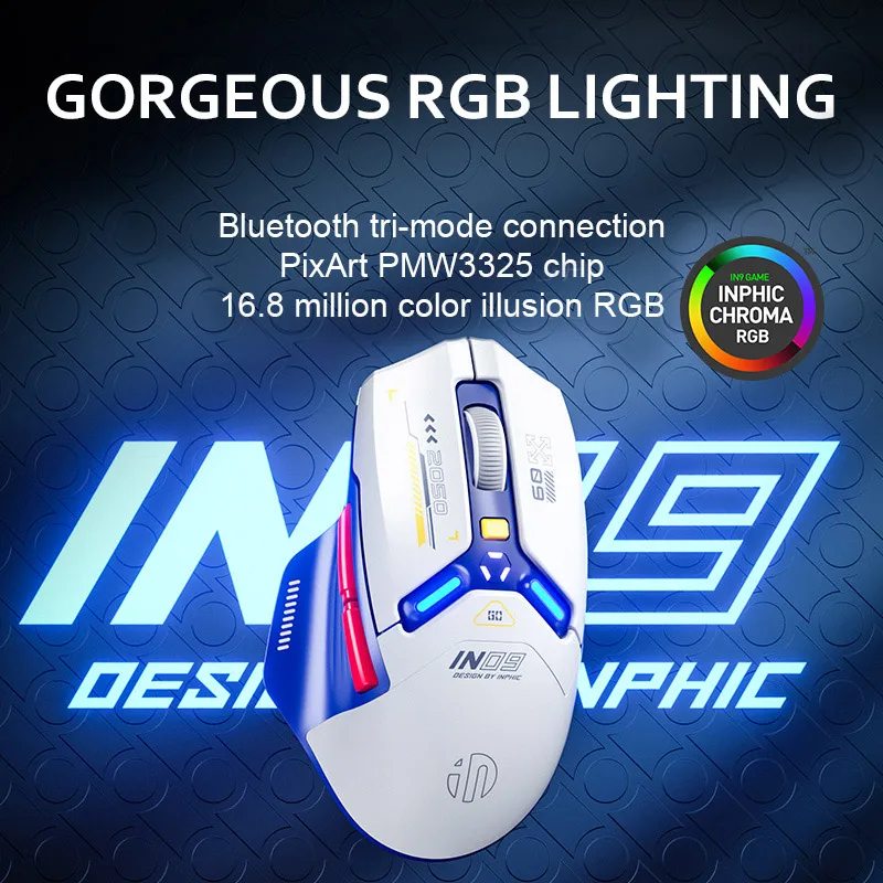 Imagem -03 - Inphic-iluminação Rgb Recarregável Mouse para Jogos sem Fio Programável Bluetooth Mouse Óptico 10000dpi Botões In9