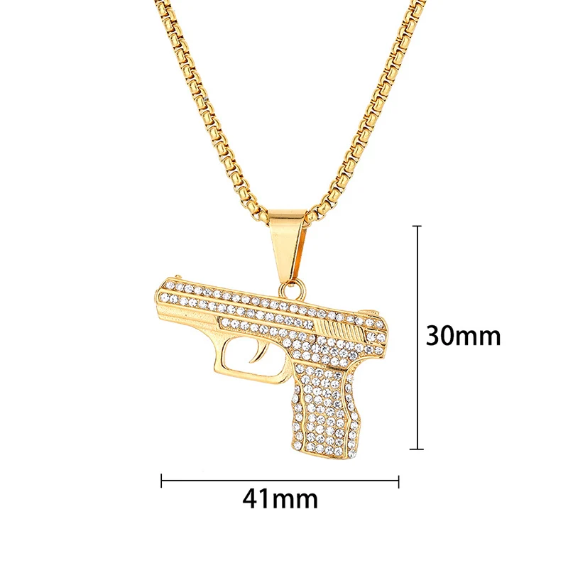 Hip Hop Bling Iced Out Stainless Steel Automatic Pistol Gun Pendants Necklace for Men Rapper Jewelry Gold Color