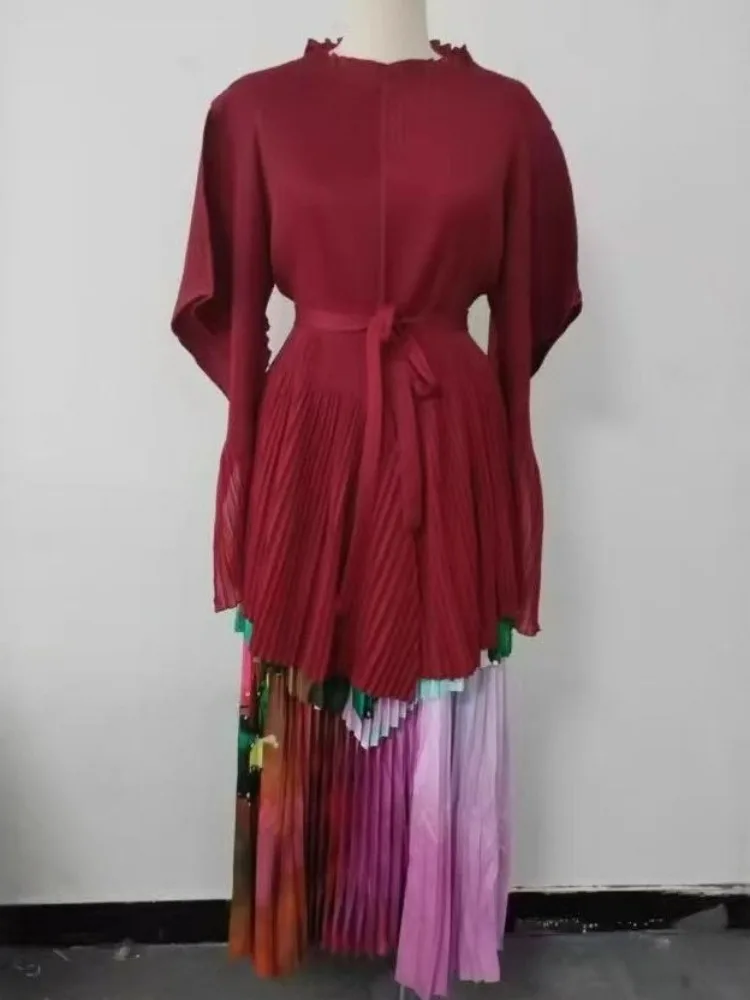 

Miyake Pleated Fashion Printing Suit Loose Round Neck Top + Wide-leg Pants Two-piece Sets Women Clothing 2025 Summer New