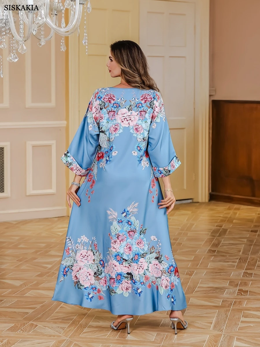 Siskakia Ramadan Dubai Elegant Floral Print Maxi Dress Muslimc Women Folds Sleeve Abayas Dubai O-Neck Kaftan