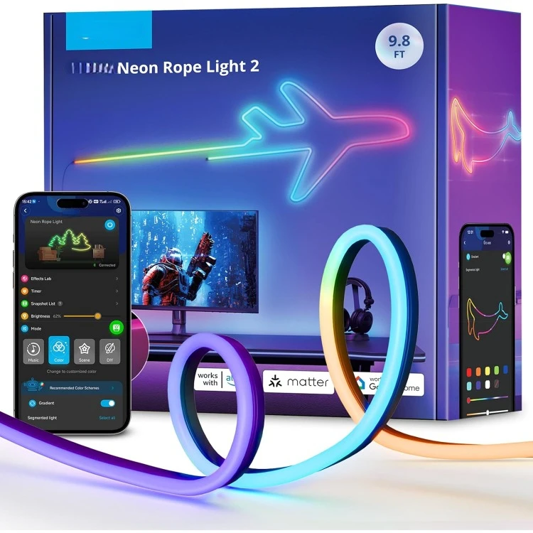 RGBIC Neon Lights, LED Smart Neon Rope Light 2 Works with Matter, Alexa, Google Assistant, Custom DIY Neon Strip Lights