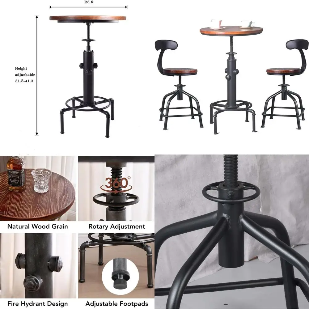 Промышленный винтажный барный стол с регулируемой высотой и железной спинкой, черный (1 стол + 2 стула)