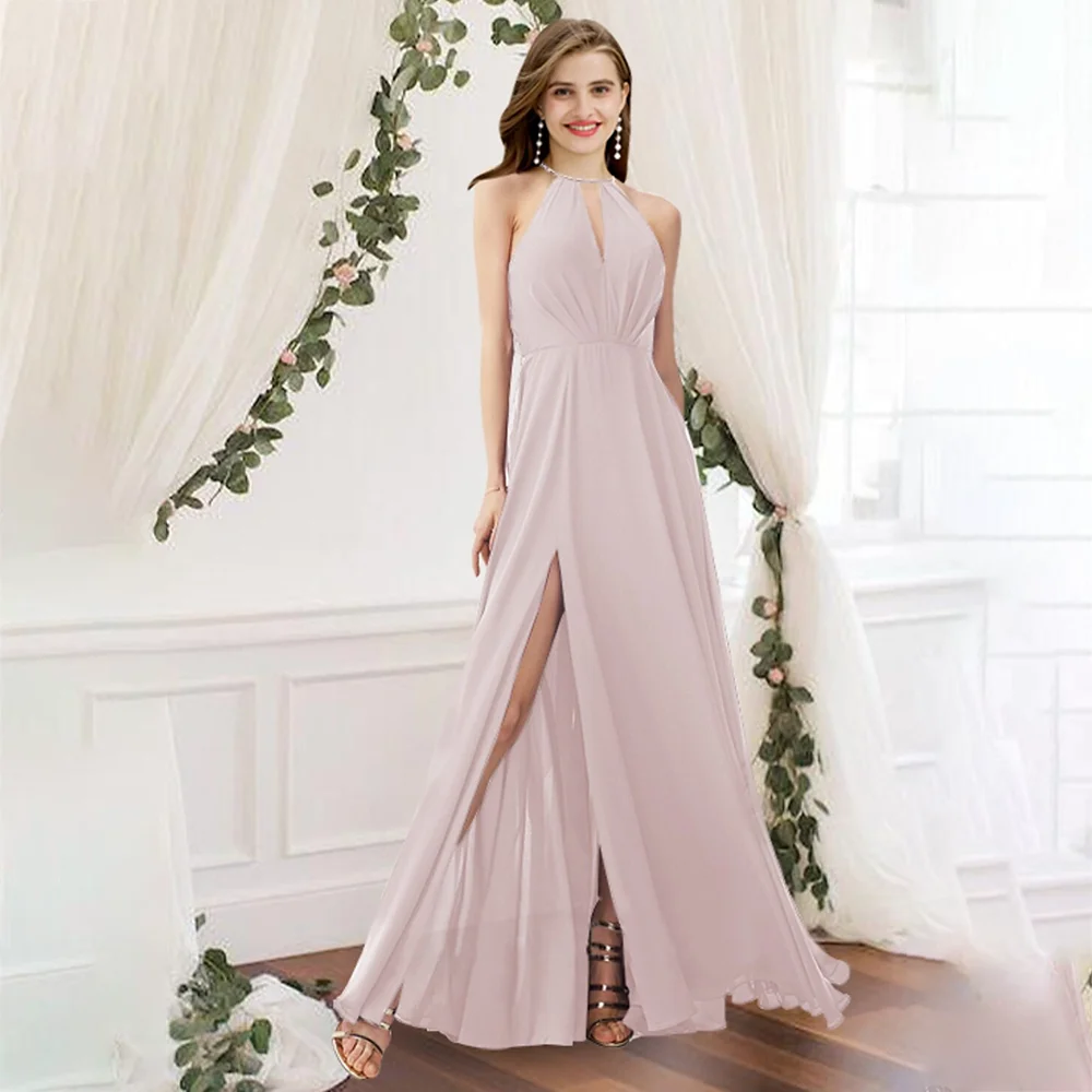 

UETEEY A-Line Chiffon Bridesmaid Dress Charming Sleeveless Elegant Floor Length Jewel Neck Wedding Party Gowns Backless 2022