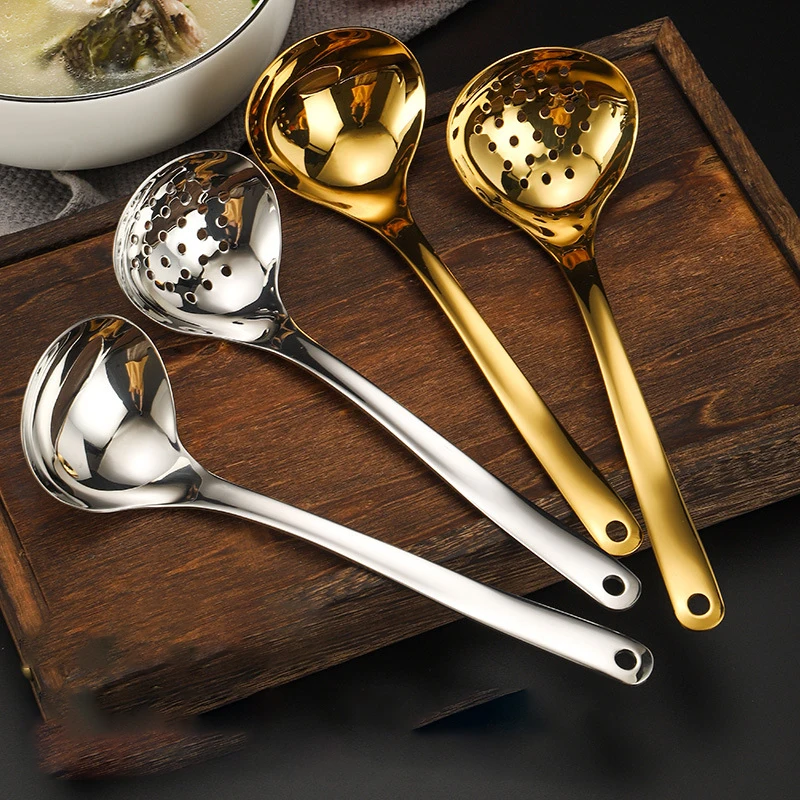 Gold 304 Stainless Steel Cooking Spoon Colander Public Spoons Buffet Noodle Serving Scoops Oil Filters Kitchen Accessories