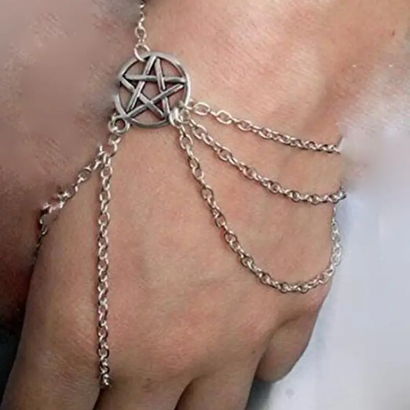 Witchcraft Gothic Supernatural Pentagram Cuff Bracelet Vintage Pentacle Decorated Multilayer Chain Bracelet Women Jewelry Bijou