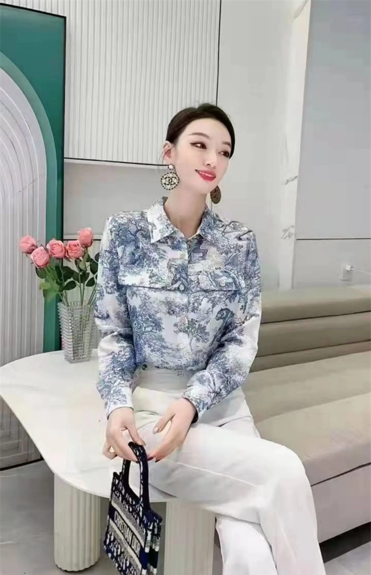 Blue white porcelain elastic twill Satin silk fabric shirt dress printed of animals family Stretch Fabrics Sewing Cloth by Meter