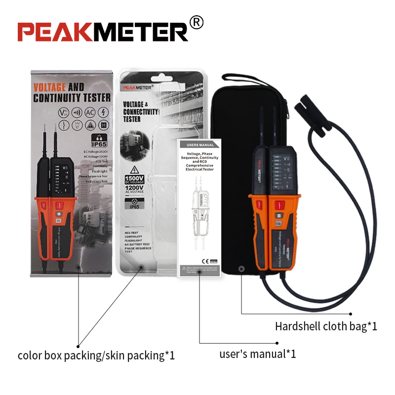 Peakmeter PM8200A Multi-Function Voltage Detector Electrical Testing Tool Auto Range Waterproof IP65 1000V AC/1500V DC Built-in