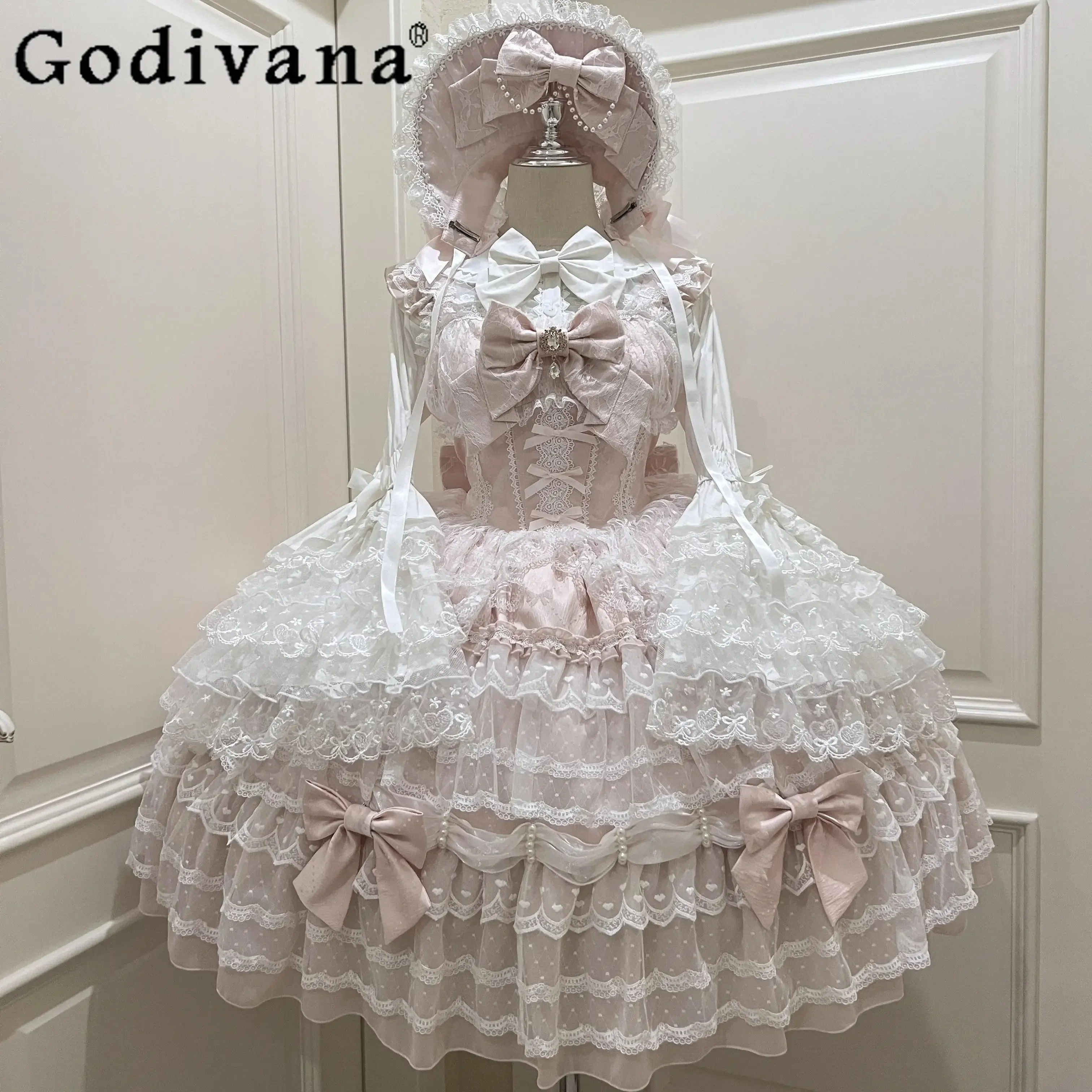 

Original Pink Lolita Sweet Dress Set Girl Women's Cute Lace Flare Sleeve Inner Shirt Fairy Lace Bow Jsk Suspender Cake Dresses