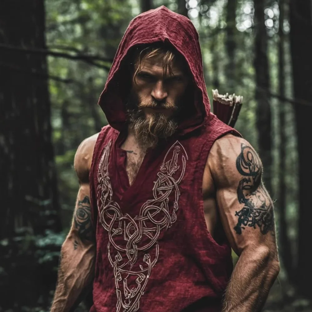 

Этнический мужской летний льняной повседневный пуловер без рукавов, толстовка с капюшоном, топ 2025 г., винтажный принт с v-образным вырезом, модная толстовка с капюшоном с перспективой