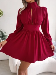 2023 Women Autumn Casual Hollow Out Long Sleeve A Line Dress Black Red White