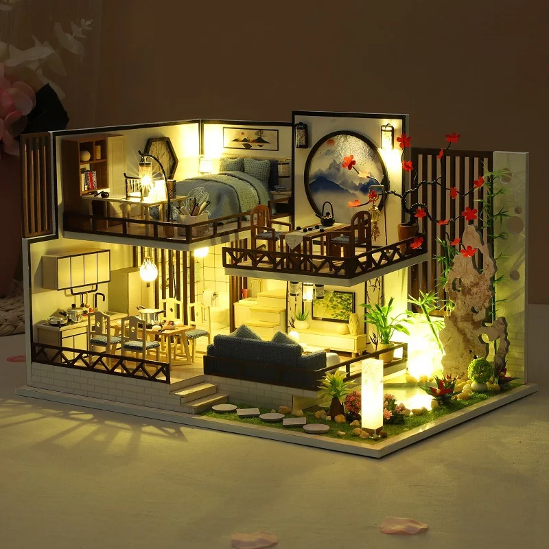 DIY Holz Miniatur Bausätze Japanische Loft Casa Puppenhäuser mit Möbel Lichtern Puppenhäuser für Freunde Geburtstagsgeschenke