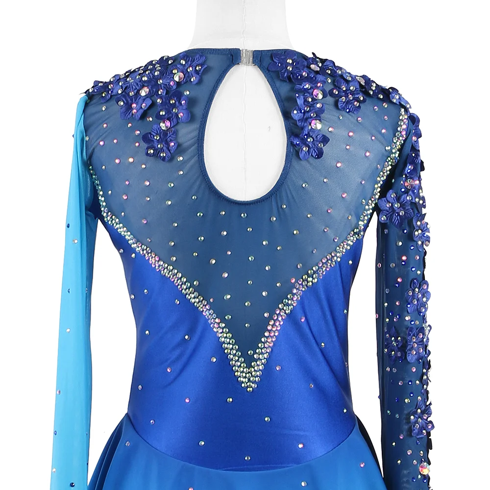 Zagitova Figure Skating Dress Women Girls Ice Skating Skirt Performance Competition Gradient Blue Gradient Flower Mesh Skirt