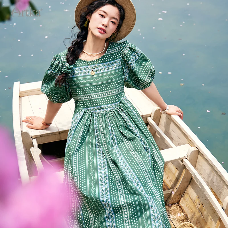 ARTKA 2023 Summer New Women Dress Bohemian Vintage Print Green Square Collar Dress Short Puff Sleeve A-line Long Dress LA92530X