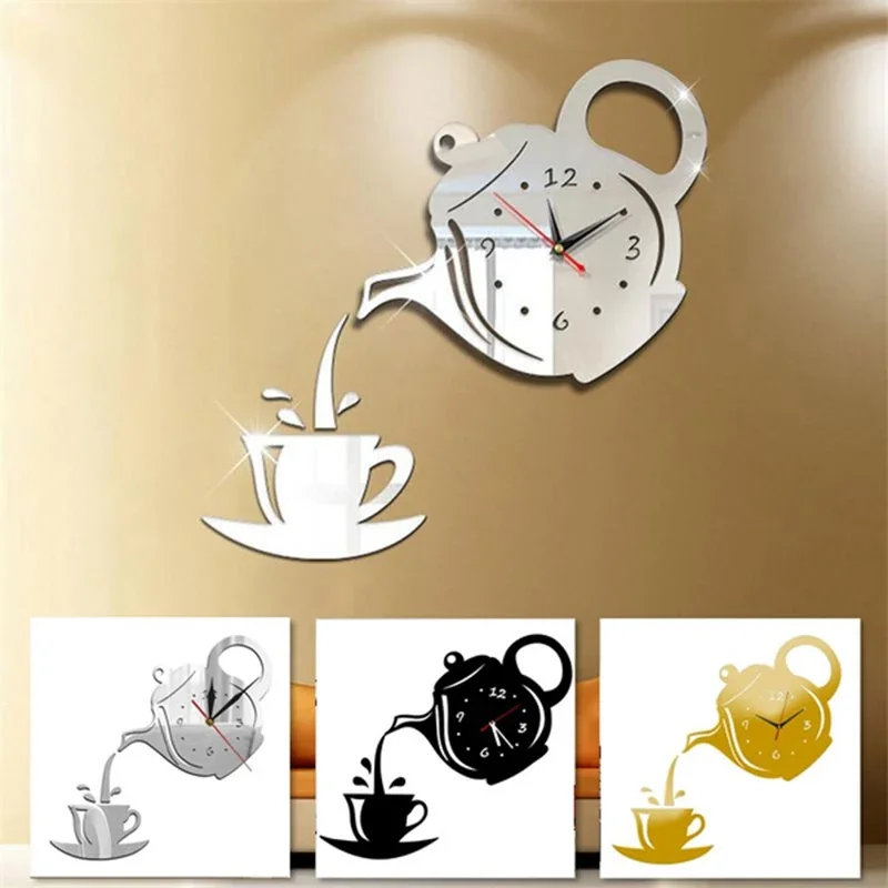 

3D DIY Teapot Shape Wall Clock Acrylic Mirror Clock Modern Kitchen Decor Wall Sticker Hollow Digital Clock watch clock D clock