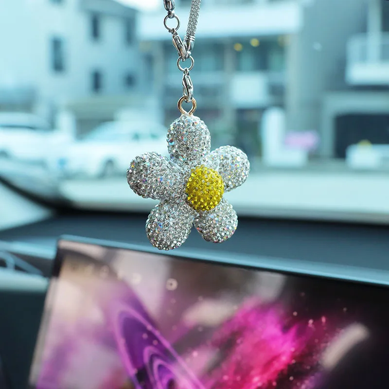 1pc Full Diamond Sun Five Petal Flower Car Interior Pendant Car Pendant Interior Rearview Mirror Decoration