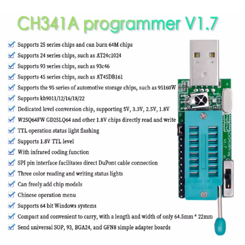 CH341A Programmer V1.7 1.8V Level Shift W25Q64FW W25Q128FW Gd25LQ64