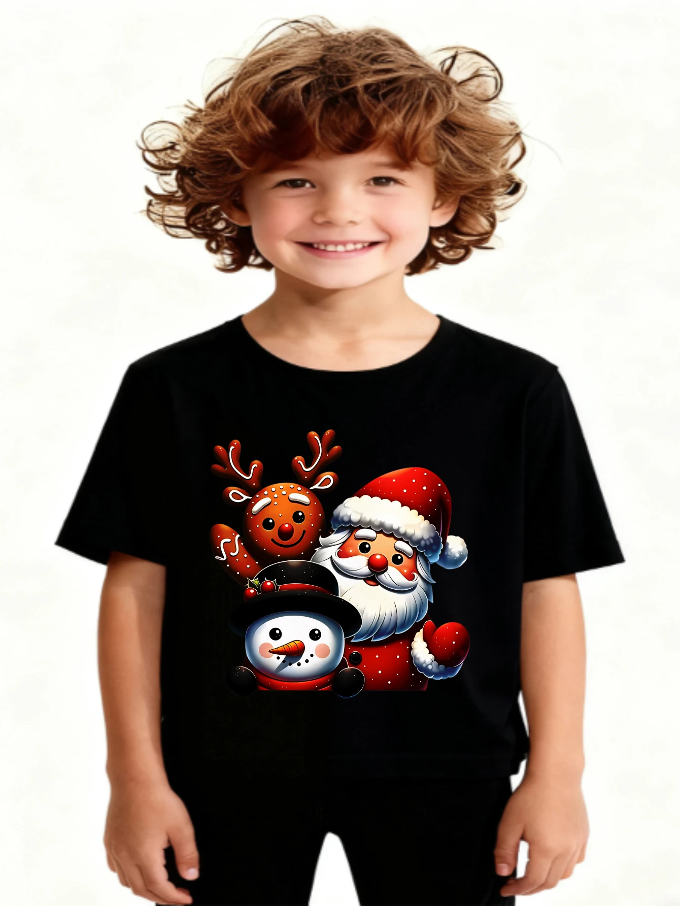 Navidad - Top de manga corta de moda de verano para niños con lindos estampados de dibujos animados de Papá Noel, renos y niños jugando en la nieve, perfecto para ropa informal al aire libre