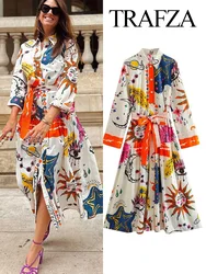 TRAFZA Women 2023 Summer Bohemian Dresses Printed Lace-Up Long Sleeve Single Breasted Female Loose Dress For Beach Party