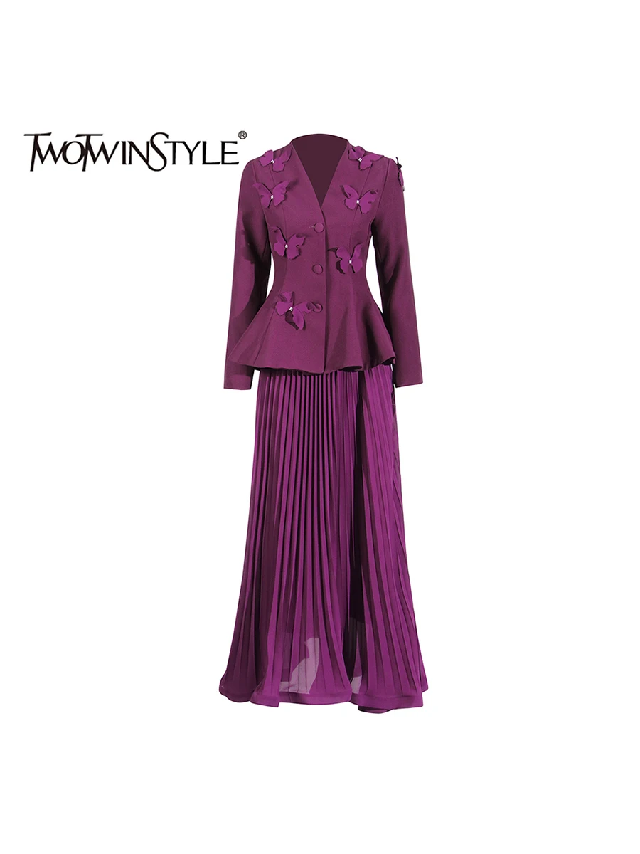 

TWOTWINSTYLE Solid Elegant Two Piece Sets For Women V Neck Long Sleeve Tunic Coat High Waist Pleated Skirt Formal Set Female New