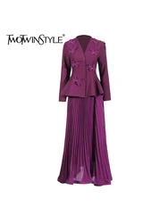 TWOTWINSTYLE Solid Elegant Two Piece Sets For Women V Neck Long Sleeve Tunic Coat High Waist Pleated Skirt Formal Set Female New