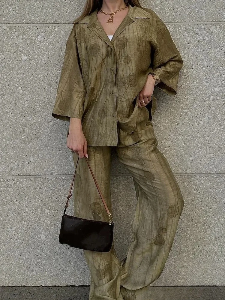 

KONDALA Vintage Green Embroidery Women Suit Single Breasted V Neck Shirts Loose Long Pants Fashion 2024 Spring Summer Sets