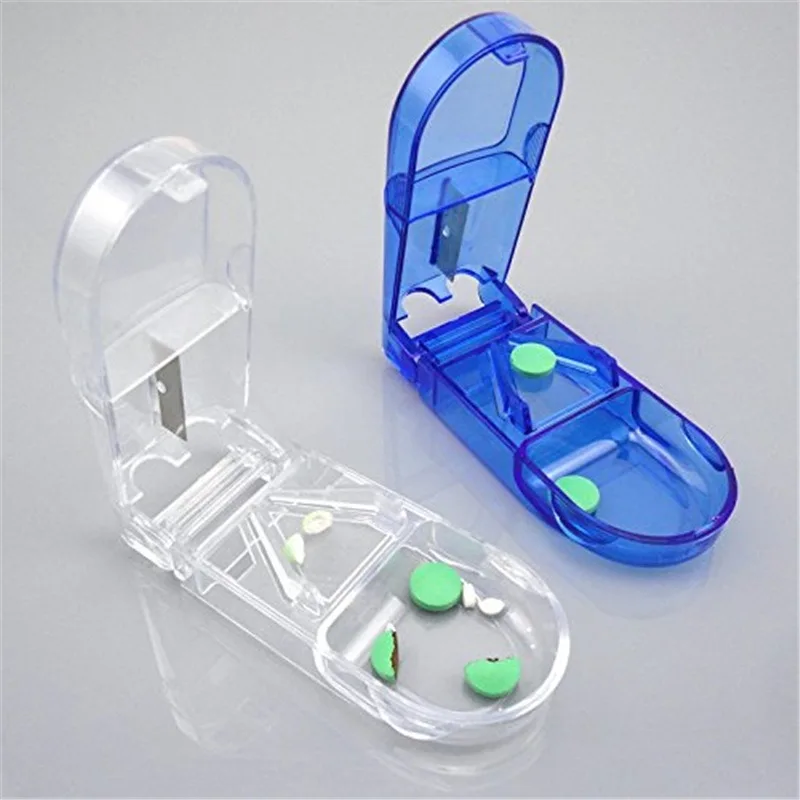 Rectangular Transparent Medicine Cutter Small Pill Tablet Cutter with Storage Compartment Box Medicine Organizer