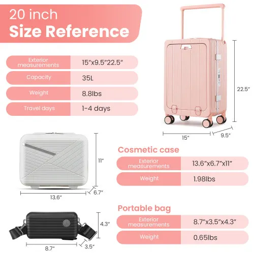 Aluminum Frame 20 Inch with Front Open Carry-on Luggage, PC Hard Shell Suitcase, Bounce Wide Handle Pull Rod Luggage with 360°Do