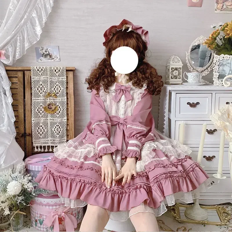 A-Linie Spitze Cosplay Party Kleid Dame Kawaii HEIßER VERKAUF Frühling 2025, Frauen Langarm Süße Japanische Lolita Kleid Weibliche