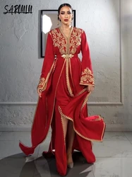 Chic V-neck Evening Dress Red A-line Long Sleeve Bridal Caftan Kaftan Appliques Customized Floor-length Prom Gown Robe De Mariée