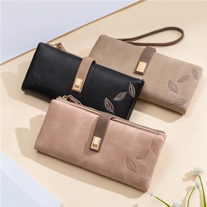 2024 Women's Wallet Fashion Long Design Retro Clasp Interior Compartment Frosted Leaf Print Buckle Zip Female Handbag Wallets