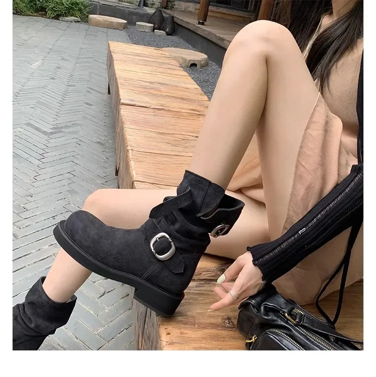 

Women High Top Thick Platform Round Toe Buckle Ankle Boots Genuine Leather Modern Shoes Punk Style Mid Calf Motorcycle Boots
